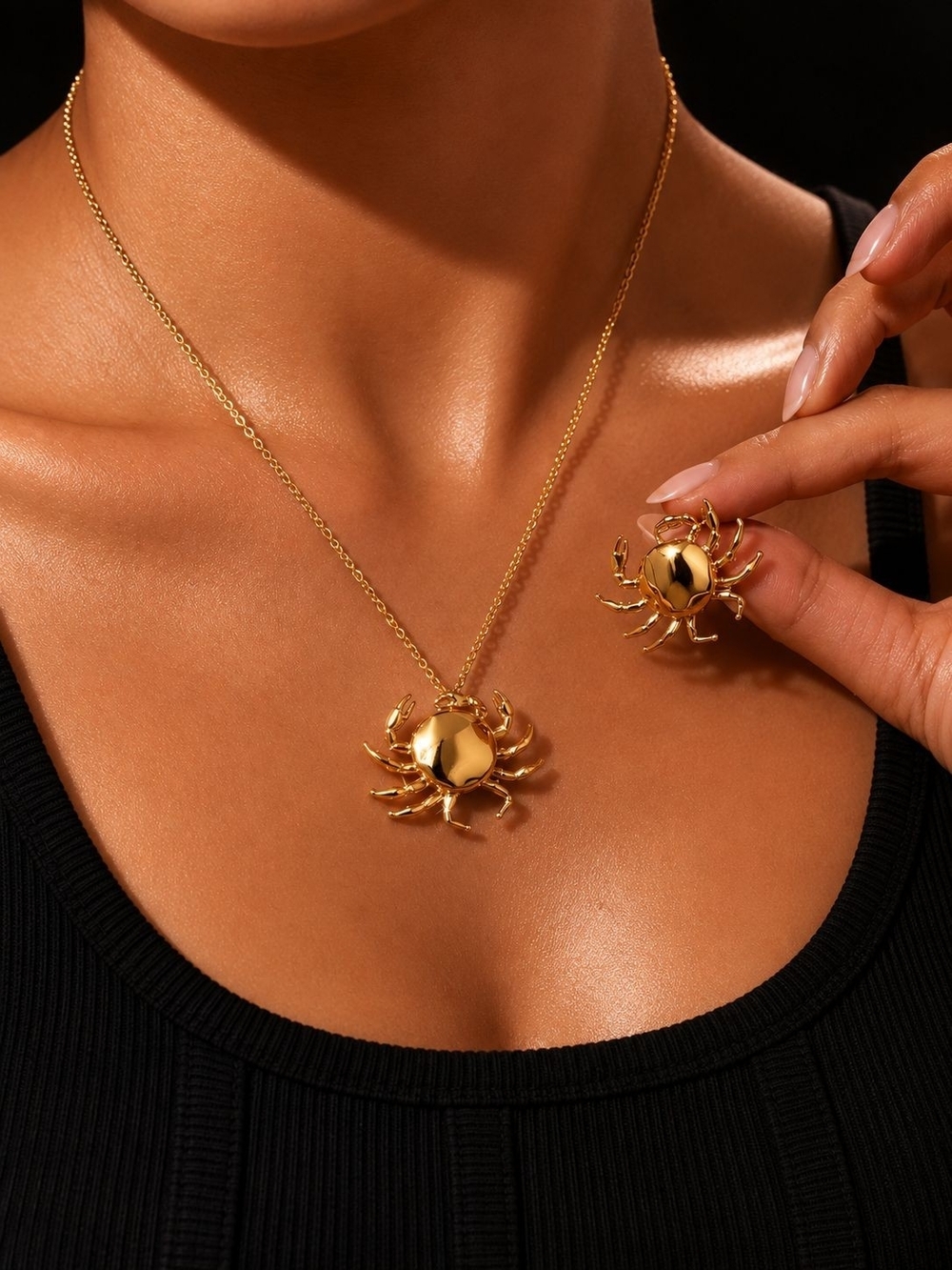 Gold Crab Pendant Necklace and Earrining Set